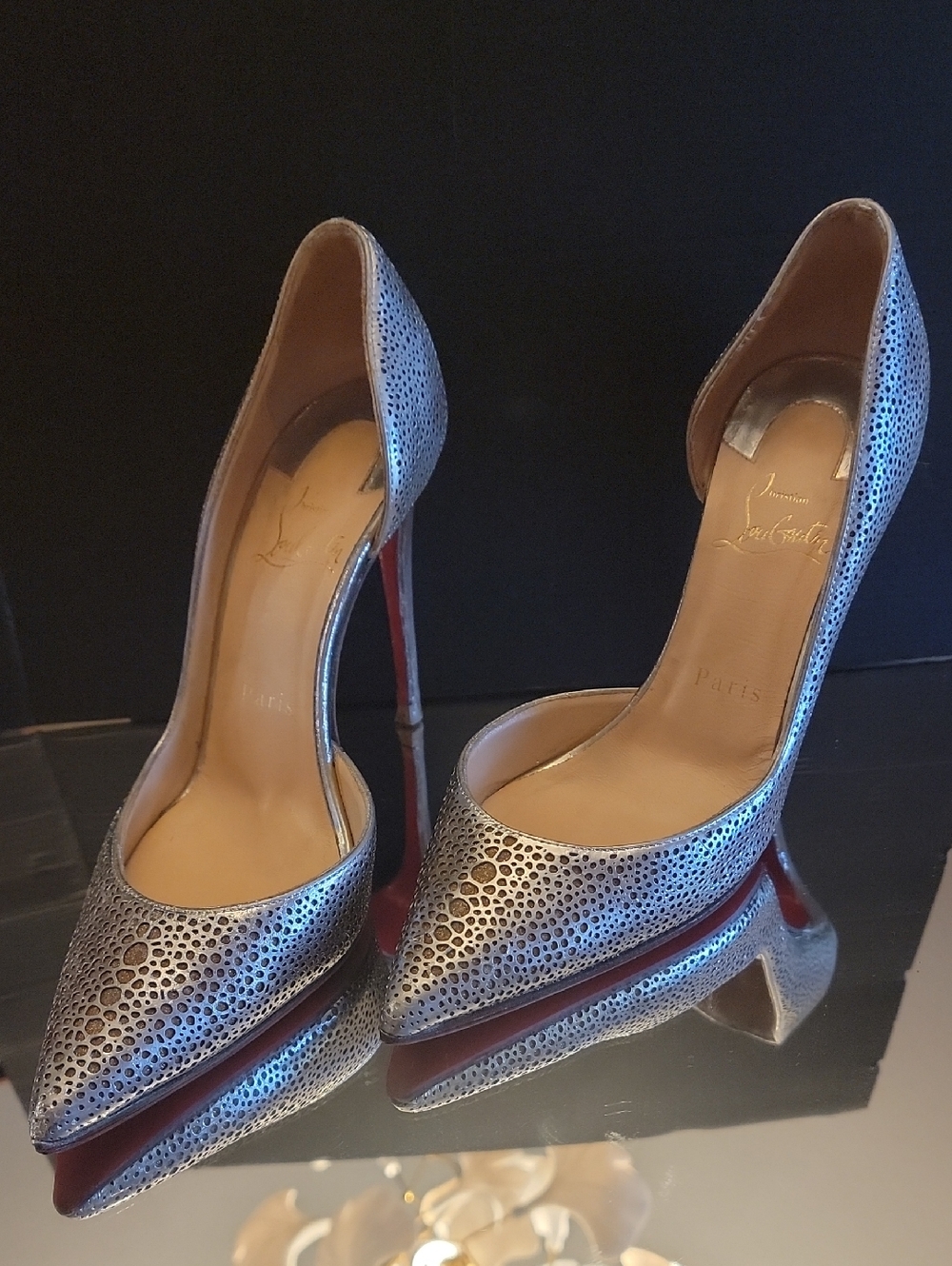 Christian Louboutin  Iriza Laser Cut Silver Over Gold 100 Heel Sz36.5